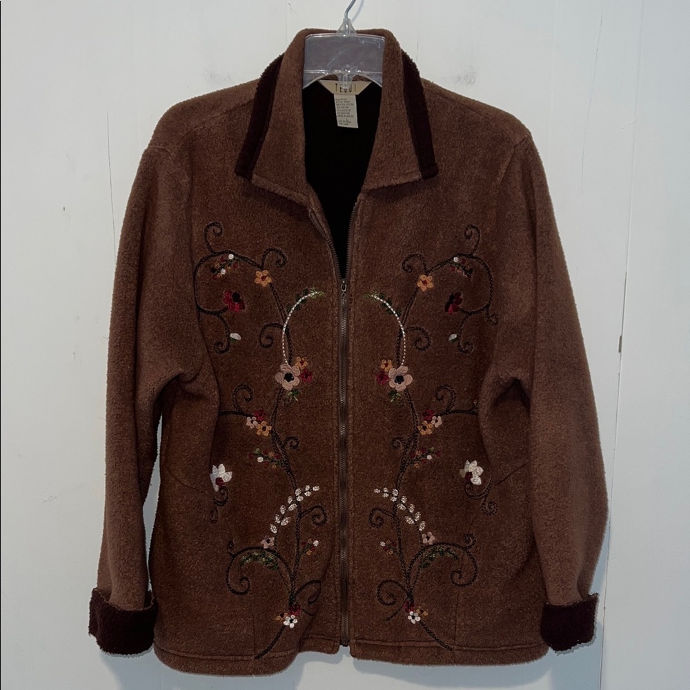 Vintage Teddi Embroidered Brown Fleece Jacket Zip Up HU